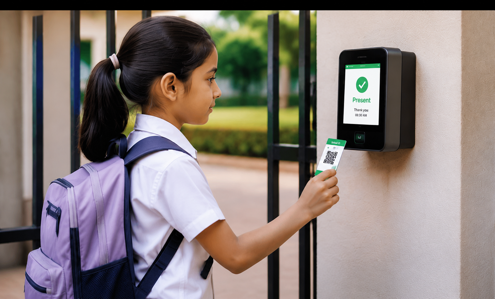 Student scanning a QR ID card at the school gate, marked Present