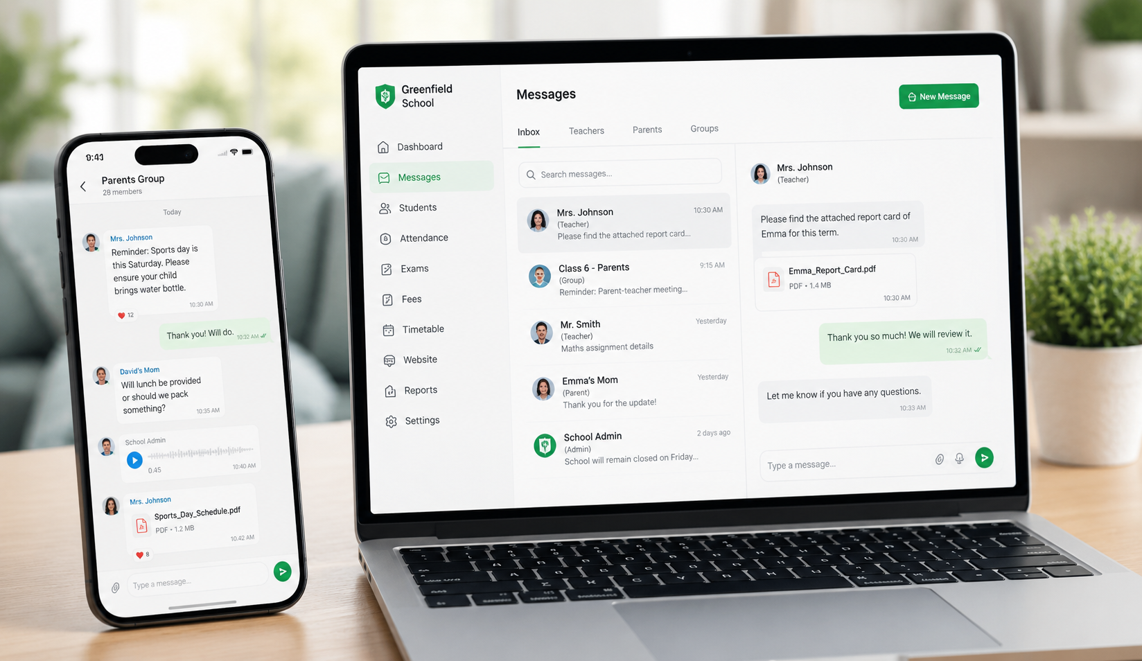Teacher and parent messaging on the Get School Manager web and mobile app